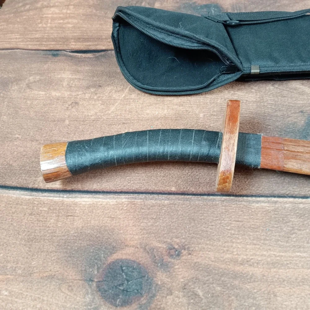 Wooden Martial Art Training Sword Curved Practice Blade with Carrying Case Brown